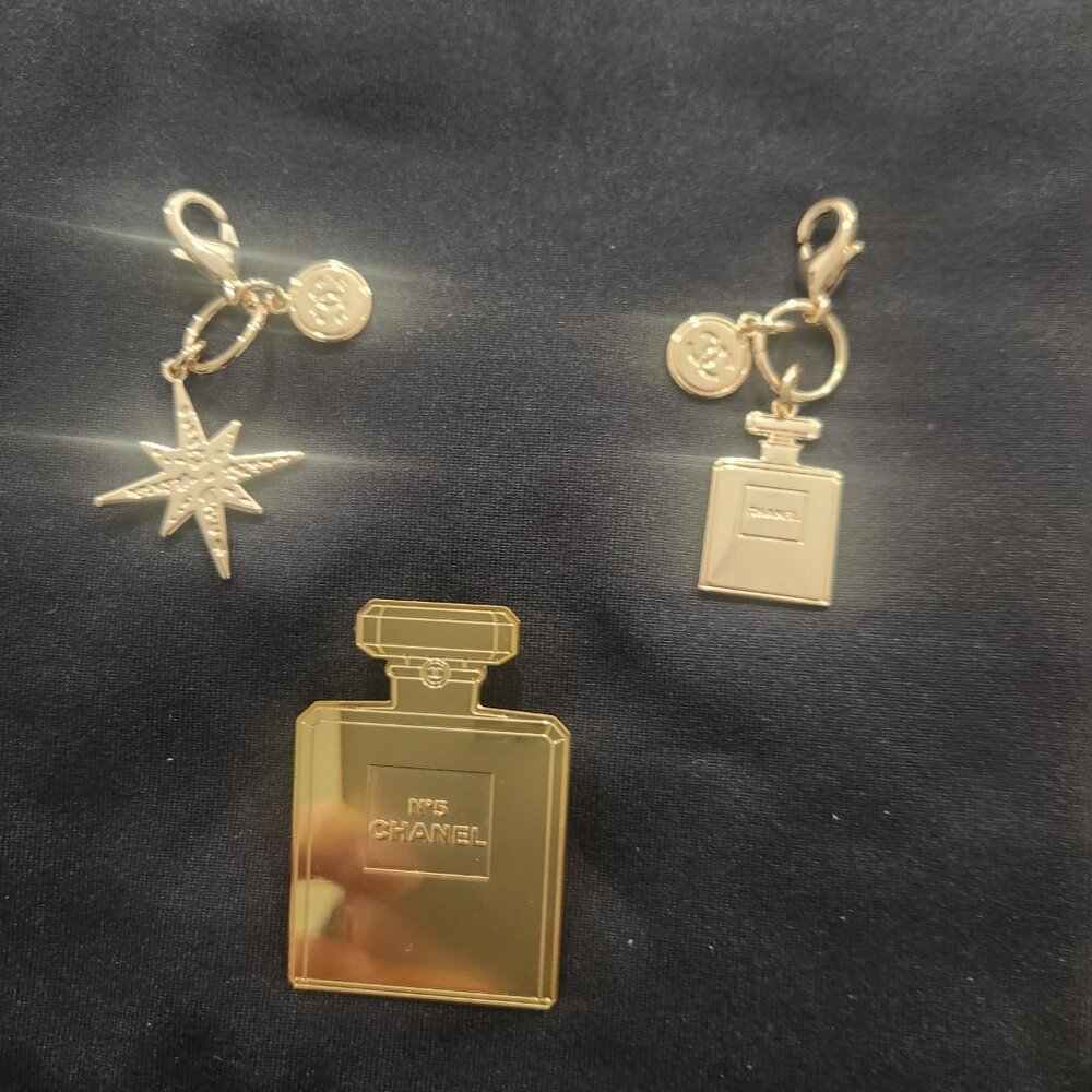 Original Gold Filled Chanel Perfume Pin And Purse Charms